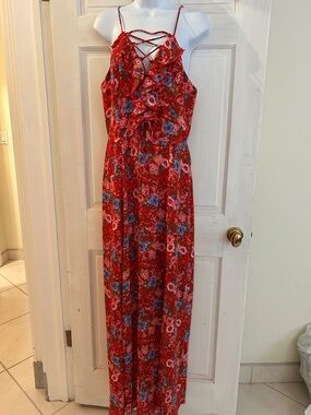 Wayf Red Floral Maxi Dress with Blue & Pink Accents